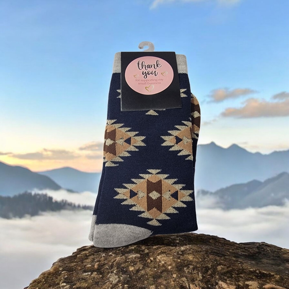 Geometric Patterned Socks - Navy and Tan